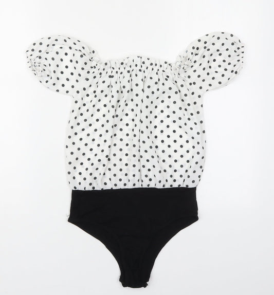 Boohoo Womens White Polka Dot Polyester Bodysuit One-Piece Size 6 Pullover - Black and White