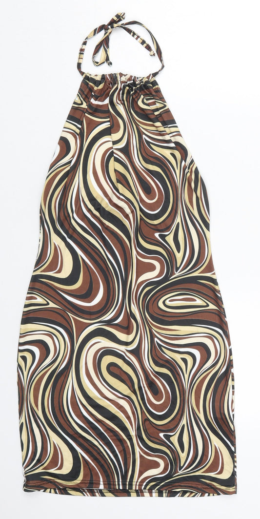 Additional front view of I SAW IT FIRST women’s brown geometric polyester mini, size UK 6, halter pullover - abstract