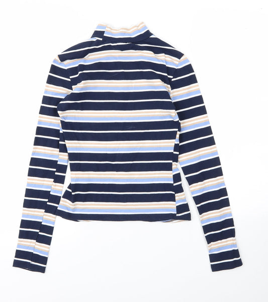 SheIn Womens Blue Striped Cotton Basic T-Shirt Size XS Mock Neck