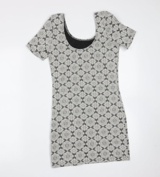 Topshop Womens Grey Floral Cotton Mini Size 10 Round Neck