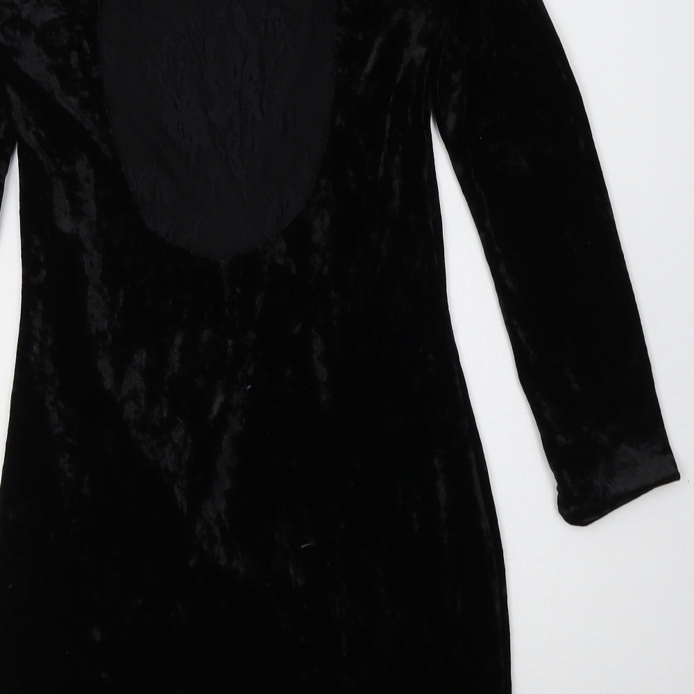 Brand and care label for Cotton Club women’s black polyester bodycon, size UK 8, boat neck pullover