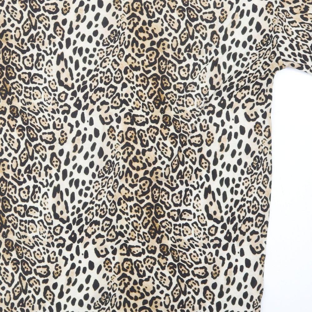 Brand and care label for Boohoo women’s beige animal print polyester t-shirt dress, size UK 8, crew neck
