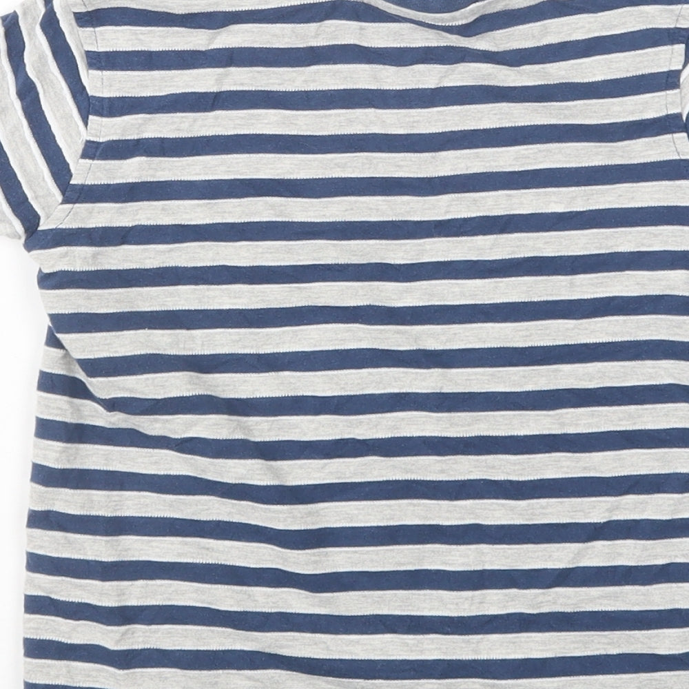 Brand and care label for George boys’ blue striped cotton basic polo, size 5-6, years crew neck