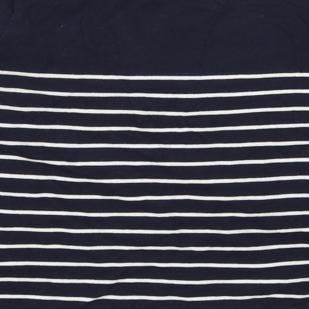 Brand and care label for H&M women’s blue striped cotton pullover sweatshirt, size L