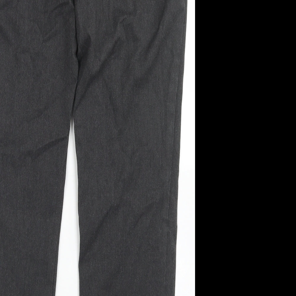Brand and care label for Winterbottom's men’s grey polyester dress pants trousers, size 34, in regular hook & eye