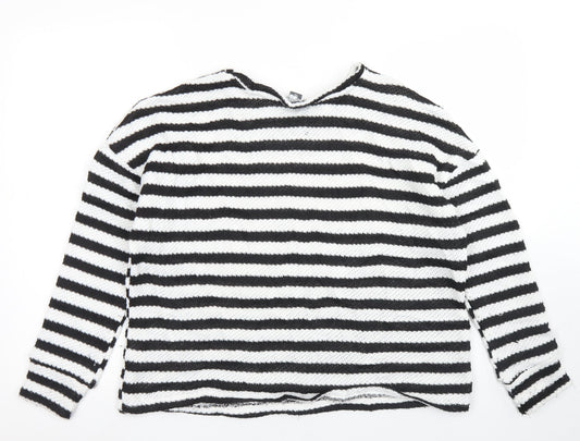 Primark Womens White Crew Neck Striped Polyester Pullover Jumper Size M - Cropped