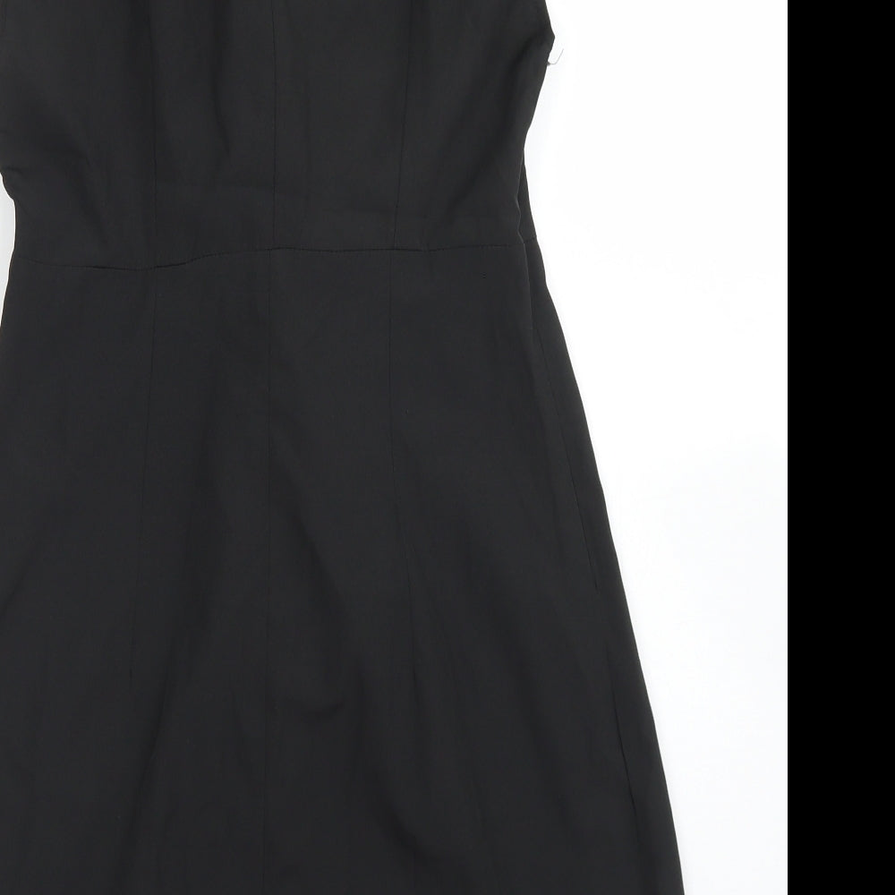 Brand and care label for SHEIN women’s black polyester pencil dress, size S, v-neck zip