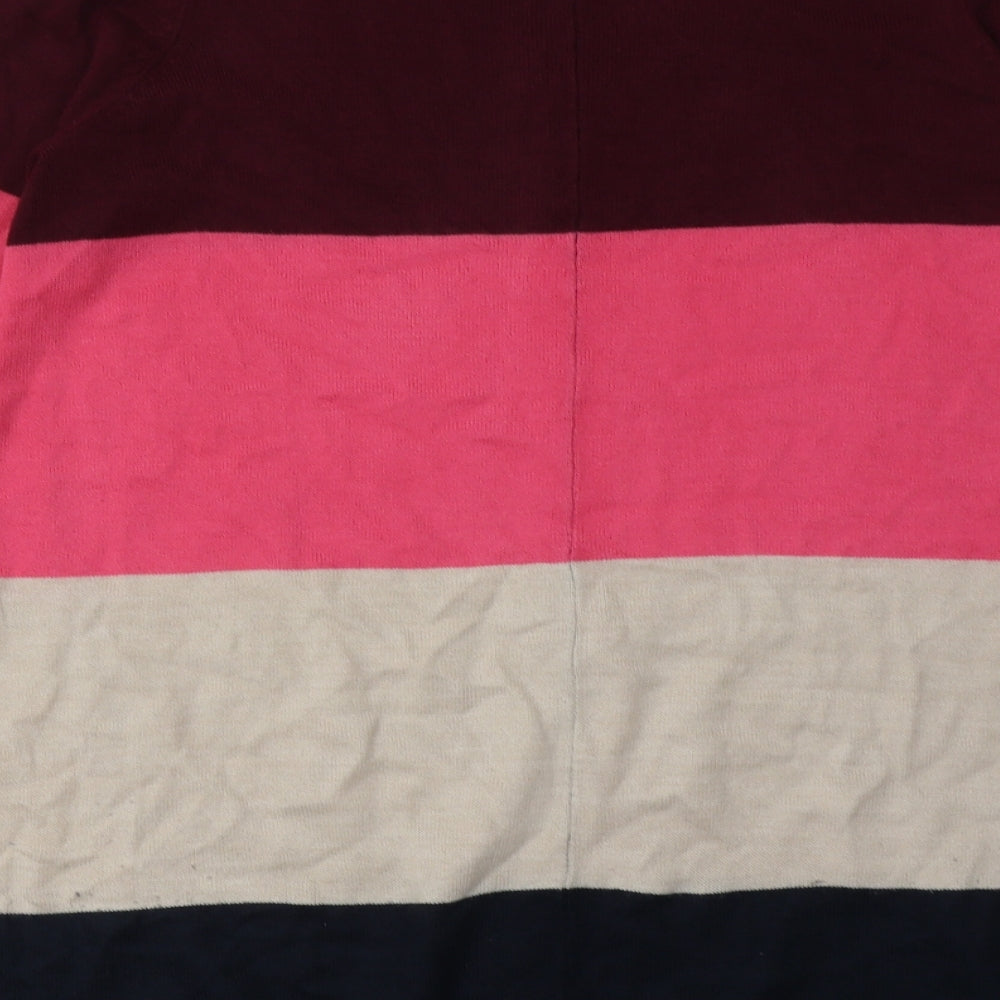 Brand and care label for Marks & Spencer women’s multicoloured striped acrylic jumper dress, size UK 10, v-neck pullover