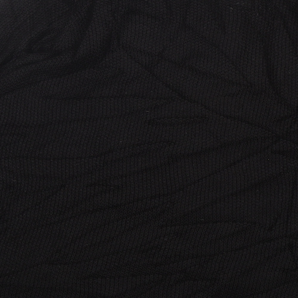 Brand and care label for H&M women’s black acrylic pullover sweatshirt, size M