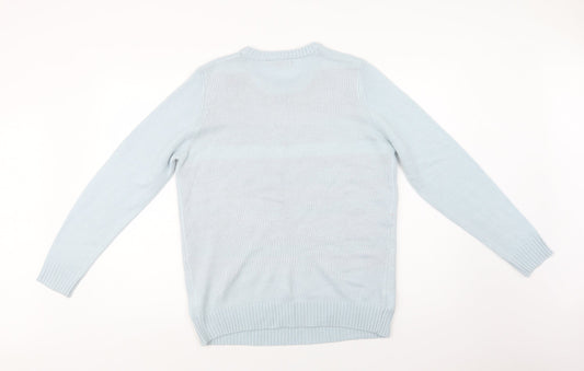 Back view of Avenue women’s blue crew neck acrylic jumper, size M, - snowmen