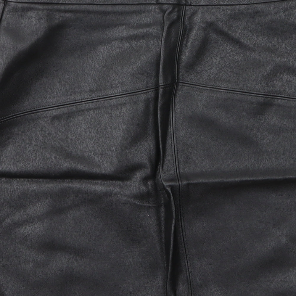 Brand and care label for Papaya women’s black polyurethane a-line skirt, size S, zip