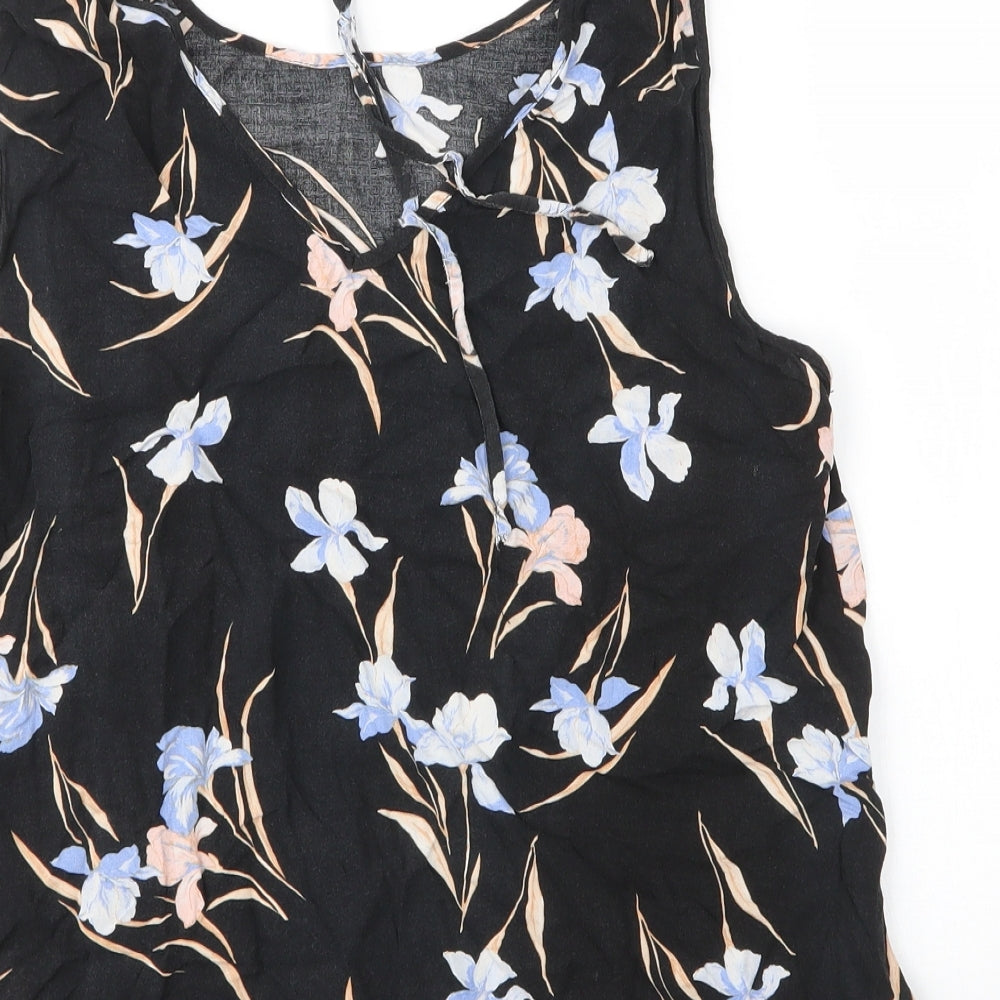 F&F Womens Black Floral Viscose Basic Blouse Size 14 V-Neck