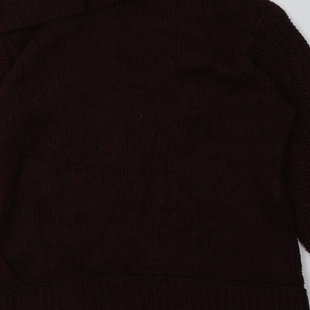Brand and care label for H&M women’s red argyle/diamond acrylic pullover sweatshirt, size M, pullover