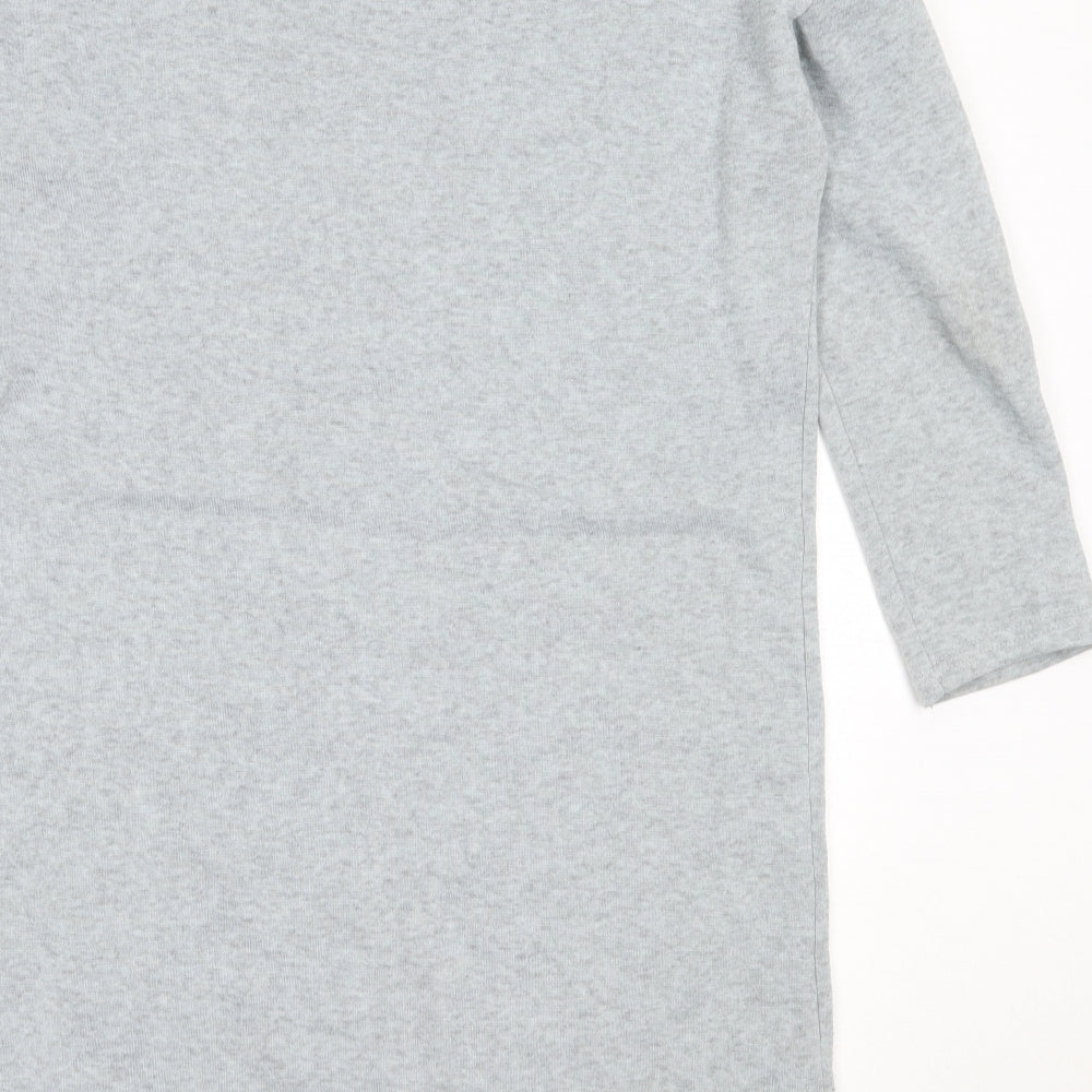 Brand and care label for women’s grey polyester jumper dress, size L, high neck
