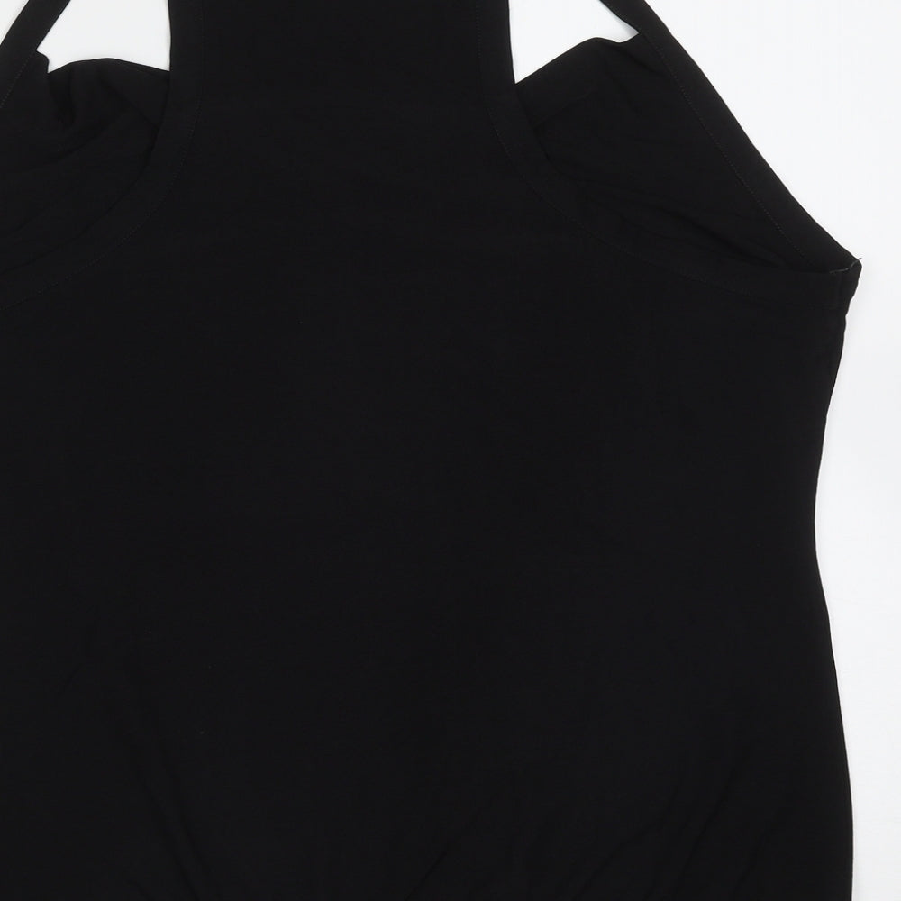 Brand and care label for AMARANTO women’s black polyester basic blouse, size UK 20, round neck