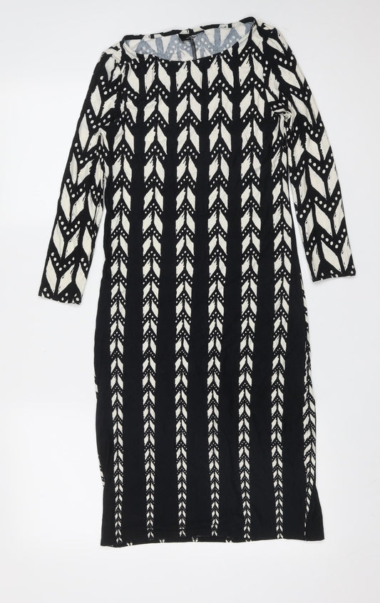 Additional front view of women’s black geometric viscose shift, size UK 8, round neck
