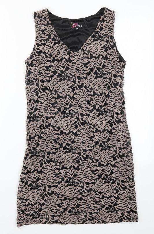 Additional front view of Yumi women’s brown floral polyester mini, size M, v-neck pullover