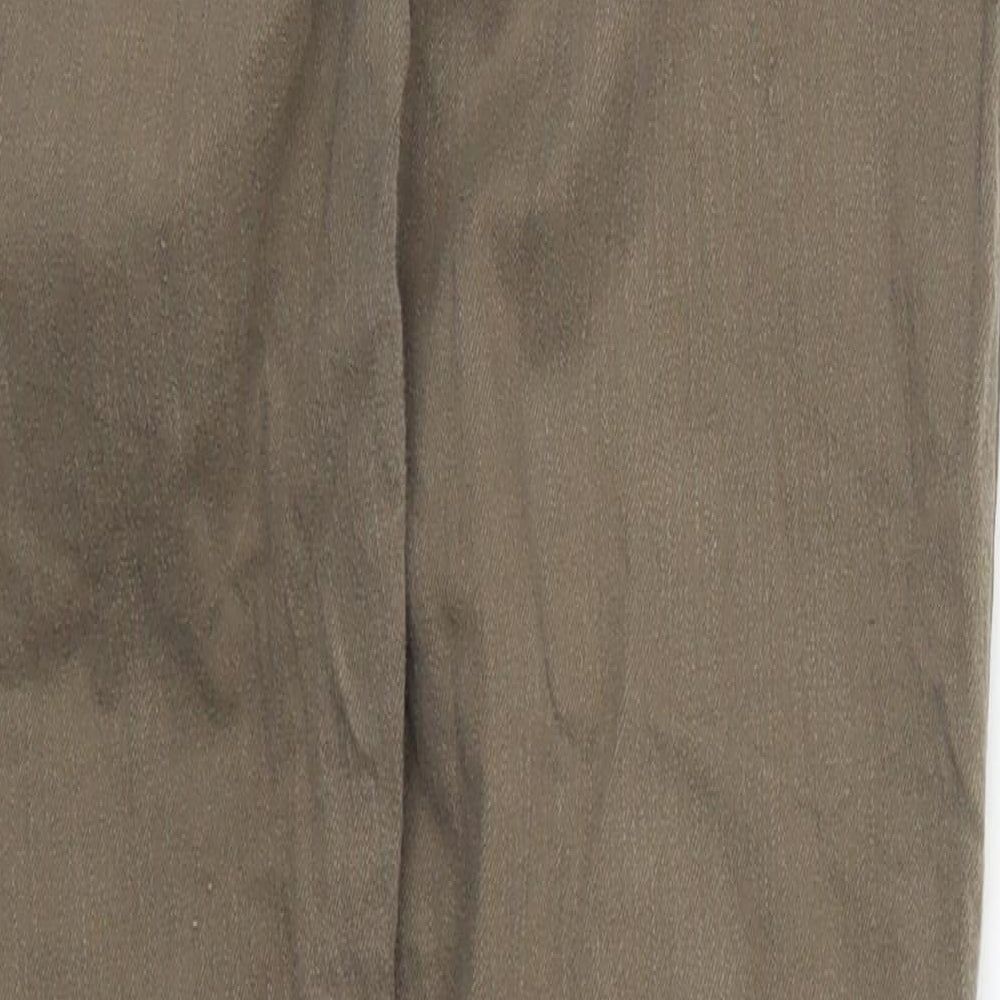 Brand and care label for Dorothy Perkins women’s green cotton skinny jeans, size UK 10, 29-inch leg regular button