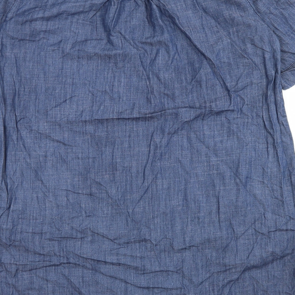 Brand and care label for Viz-A-Viz women’s blue cotton a-line, size S, round neck