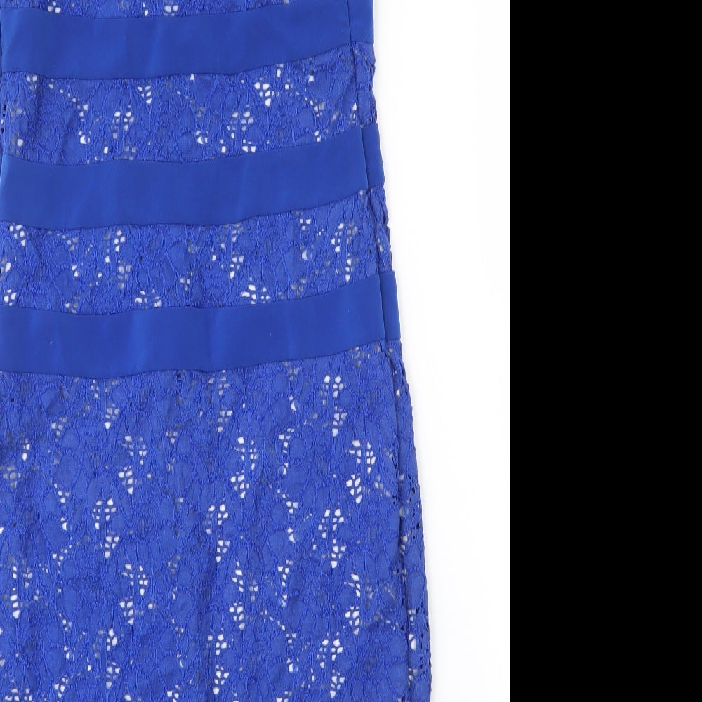 Brand and care label for Gina Bacconi women’s blue floral cotton sheath, size UK 10, square neck button