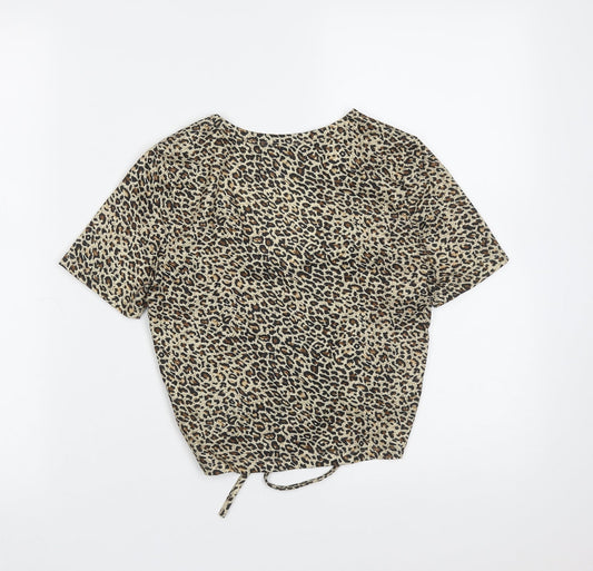 SheIn Womens Brown Animal Print Polyester Cropped T-Shirt Size XS V-Neck