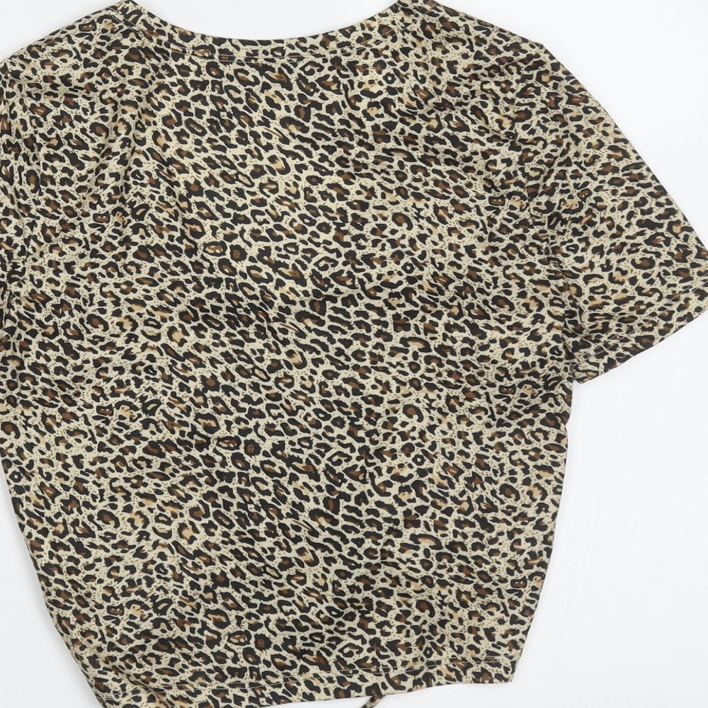 Brand and care label for SHEIN women’s brown animal print polyester cropped t-shirt, size XS, v-neck