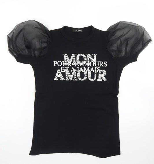 Additional front view of Quiz women’s black cotton basic t-shirt, size UK 8, crew neck - puff sleeve