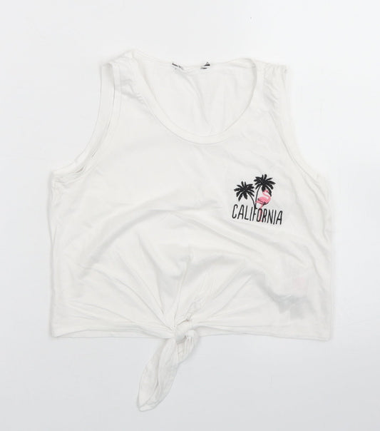 Additional front view of 915 Generation girls’ white cotton cropped tank, size 9, years round neck - flamingo, tie front