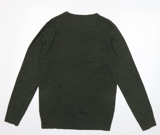 Brave Soul Mens Green V-Neck Acrylic Pullover Jumper Size S