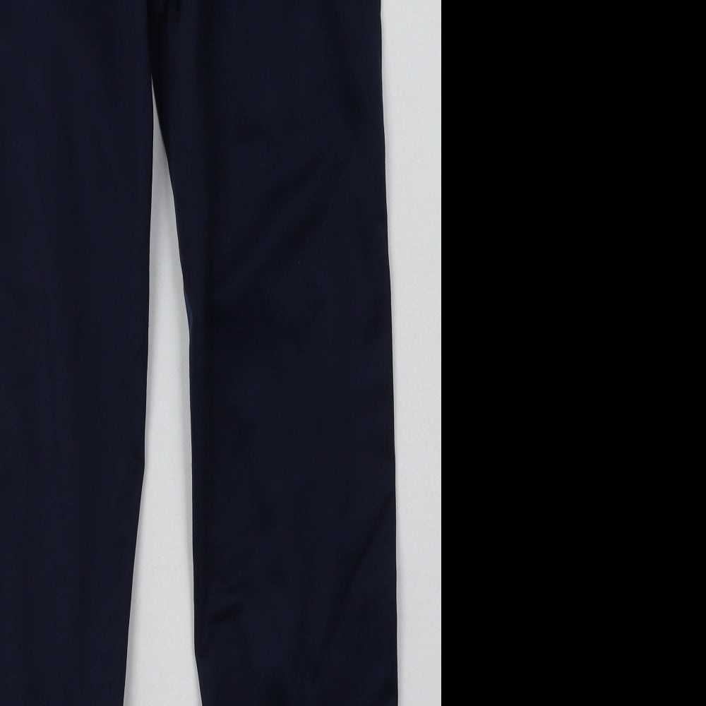 Brand and care label for Givova men’s blue polyester jogger trousers, size XS, 28-inch leg regular