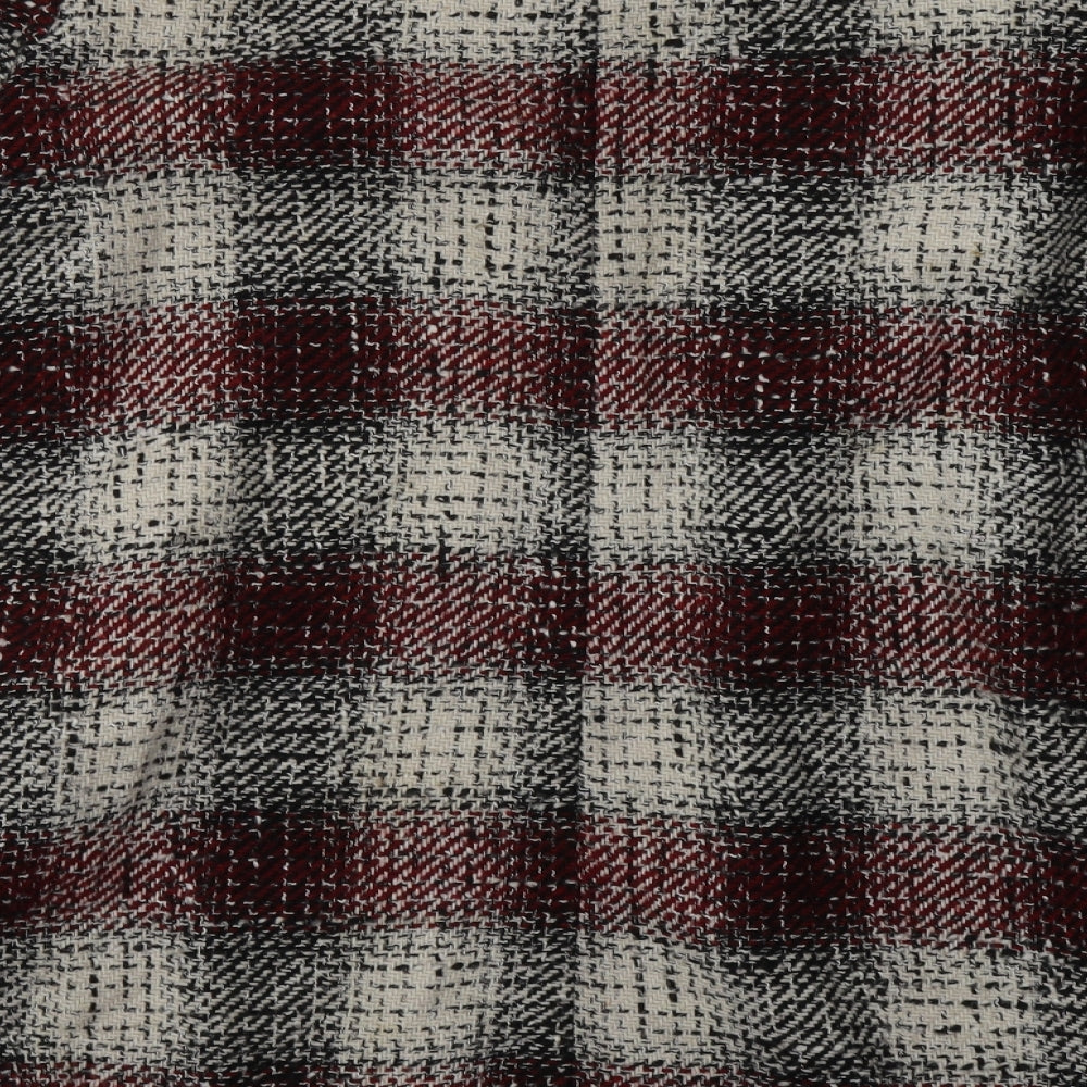 Brand and care label for ASOS women’s red v-neck check acrylic cardigan jumper, size UK 8