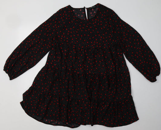 Additional front view of Cameo Rose women’s pink geometric polyester a-line, size S, crew neck button - heart print