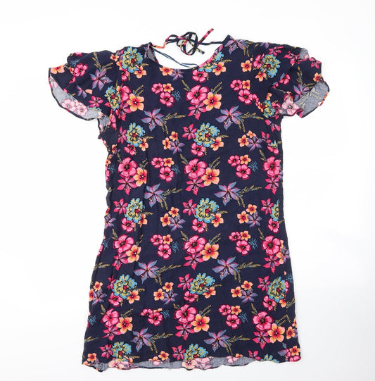 Additional front view of Papaya women’s blue floral viscose shift, size UK 14, round neck