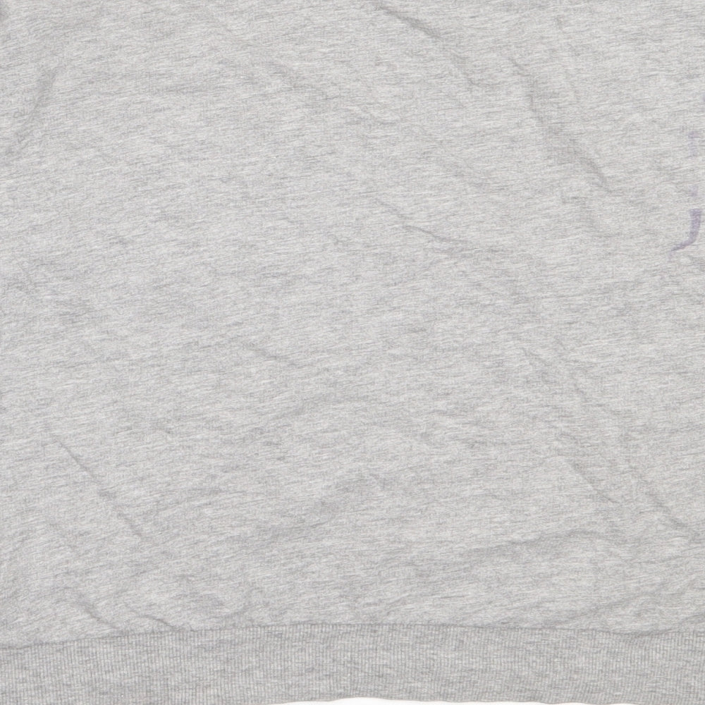 Brand and care label for H&M women’s grey cotton pullover sweatshirt, size S