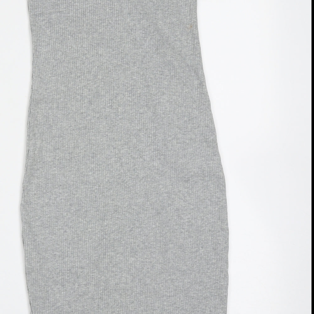 Brand and care label for Divided by H&M women’s grey cotton mini, size M, off the shoulder