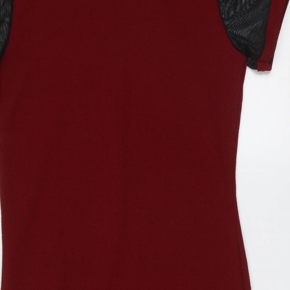 Brand and care label for Select women’s red polyester t-shirt dress, size UK 12, round neck
