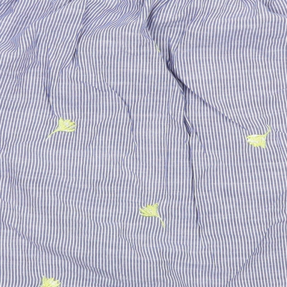 Brand and care label for F&F women’s blue striped cotton cropped blouse, size UK 6, off the shoulder