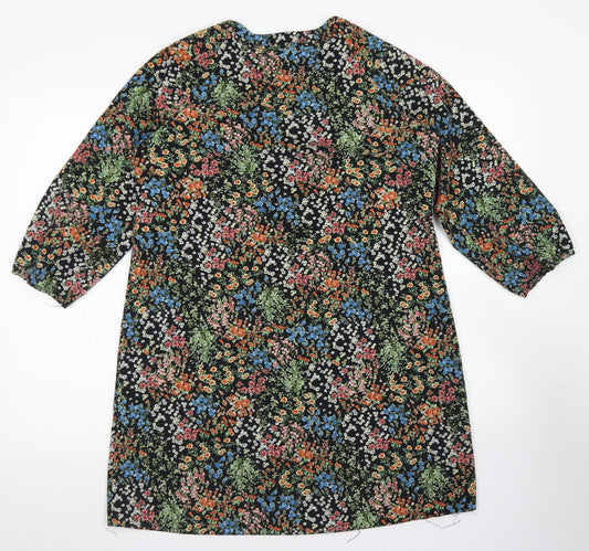 Papaya Womens Black Floral Polyester A-Line Size M Round Neck