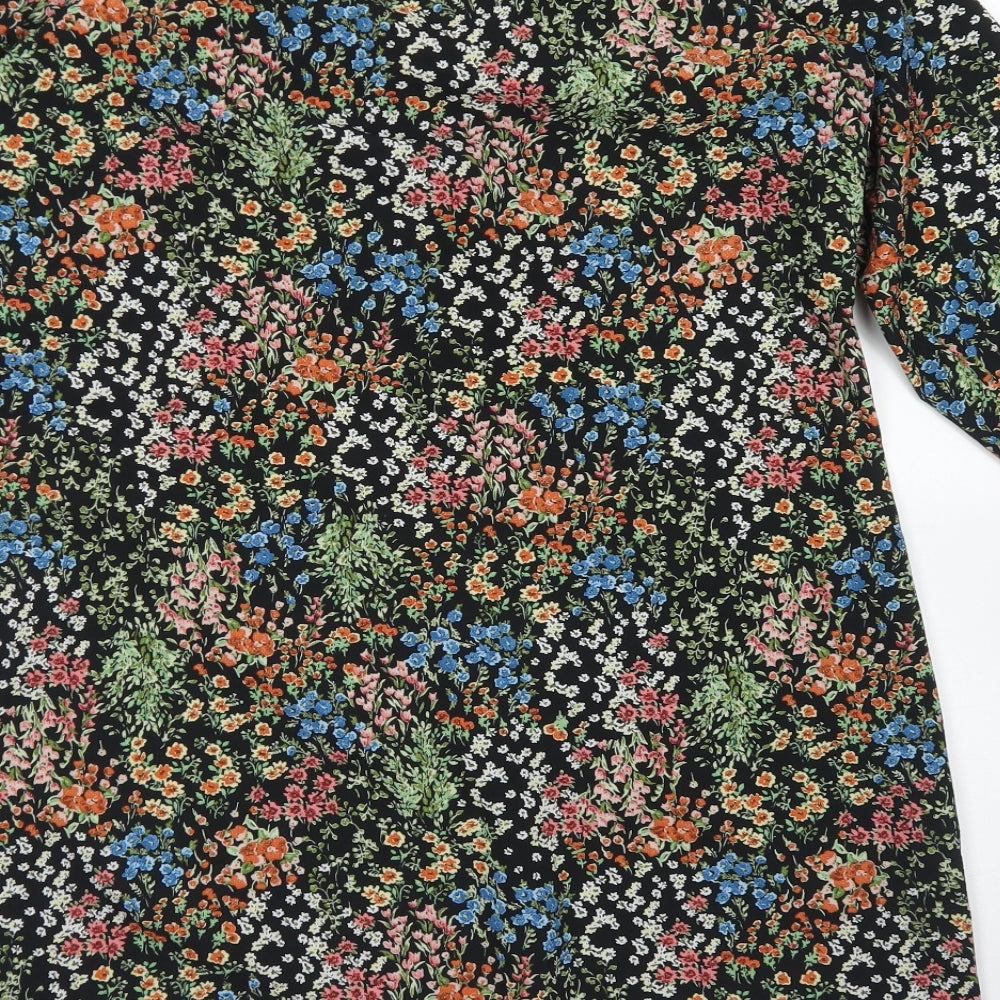 Papaya Womens Black Floral Polyester A-Line Size M Round Neck