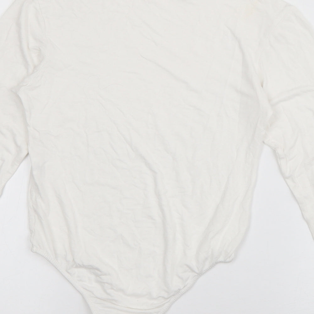 Brand and care label for Boohoo women’s white viscose bodysuit one-piece, size UK 8, pullover