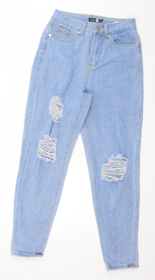 Additional front view of Boohoo women’s blue cotton mom jeans, size UK 6, 26-inch leg regular button