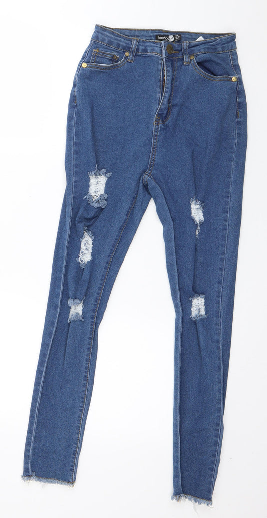 Additional front view of Boohoo women’s blue cotton skinny jeans, size UK 6, 25-inch leg regular button