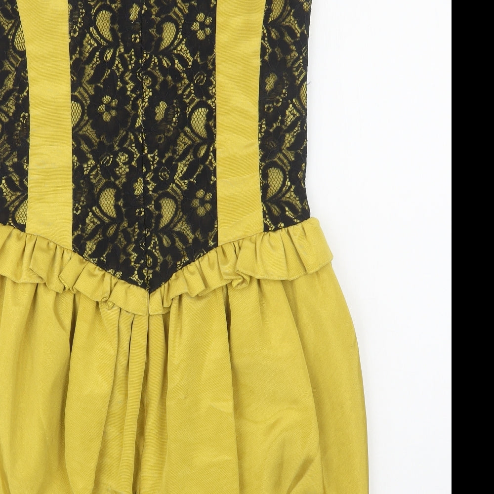 Brand and care label for Dorothy Perkins women’s yellow polyester shift, size UK 12, round neck zip - lace detail