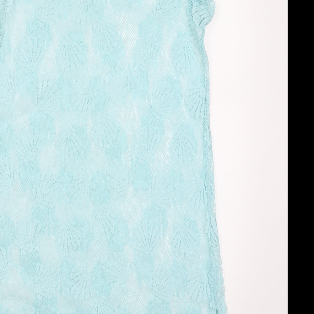 Brand and care label for Primark women’s blue polyester t-shirt dress, round neck pullover - shell print beach cover up