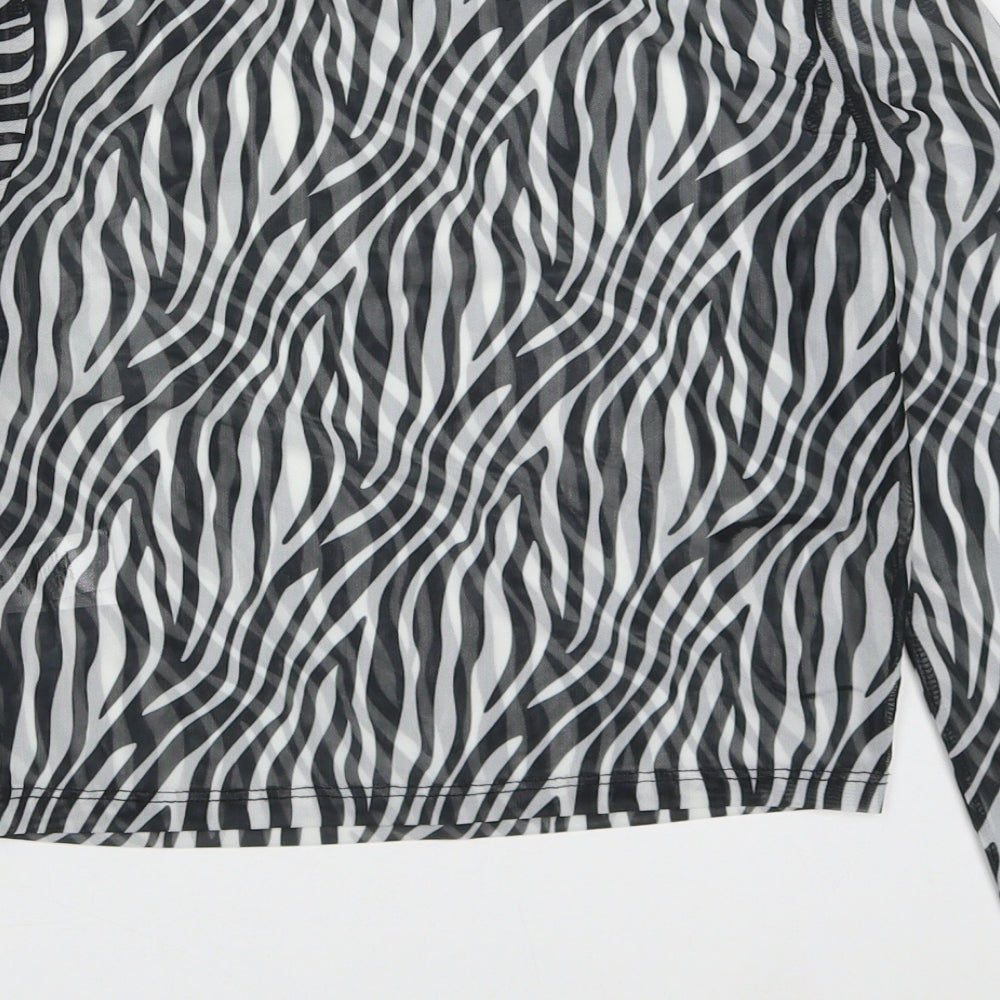 Primark Womens Black Animal Print Polyester Basic T-Shirt Size 10 Off the Shoulder - Zebra Striped