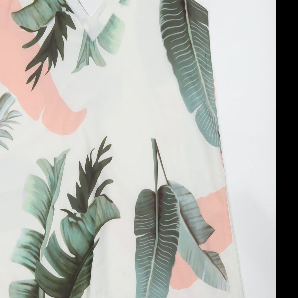 SheIn Womens White Floral Polyester A-Line Size L V-Neck