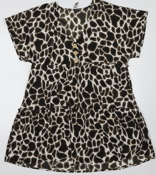 Additional front view of influence women’s brown animal print polyester a-line, size UK 12, v-neck pullover