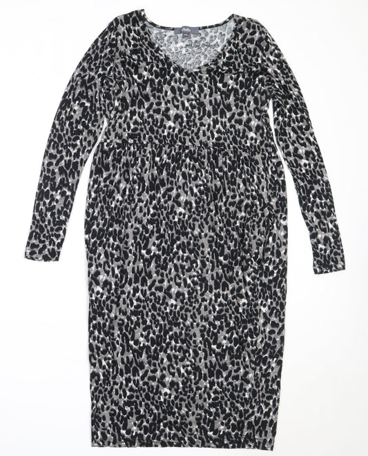 Additional front view of Studio women’s black animal print viscose fit & flare, size UK 8, v-neck