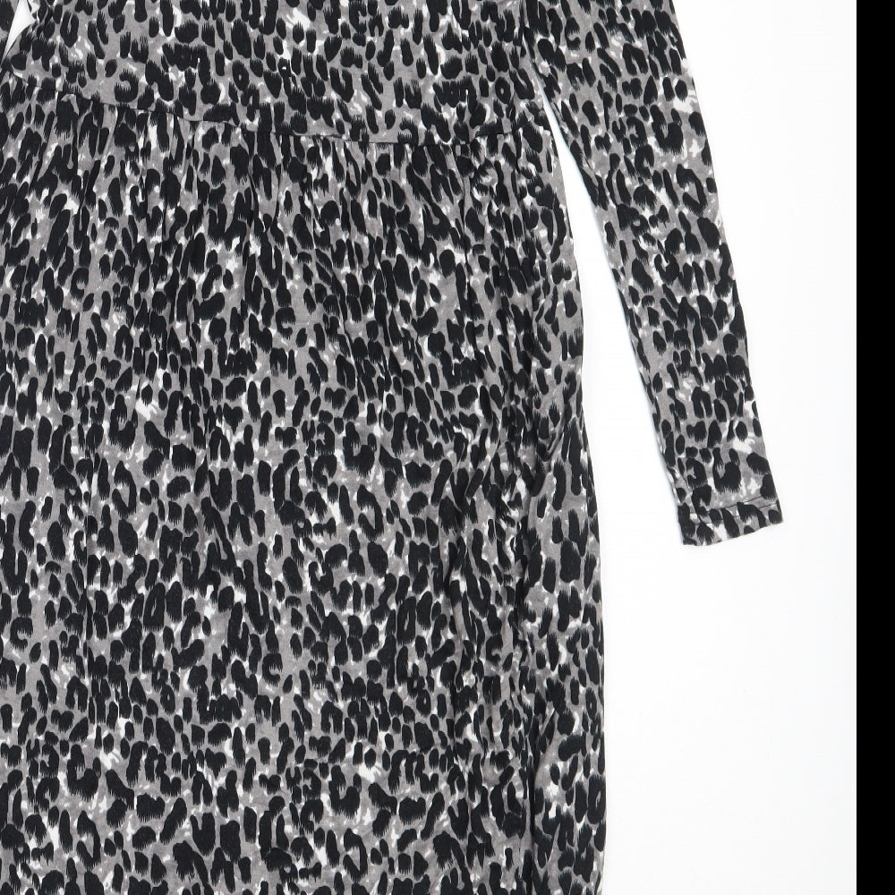 Brand and care label for Studio women’s black animal print viscose fit & flare, size UK 8, v-neck