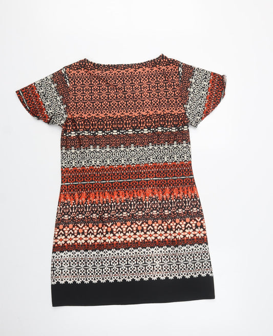 F&F Womens Orange Geometric Polyacrylate Fibre Shift Size 14 Crew Neck